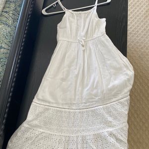 White cotton maxi sundress with eyelet accent.